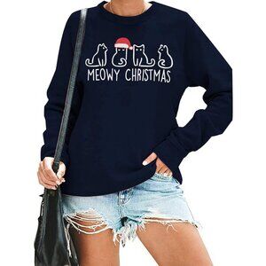 Women’s Cotton Blend Christmas Sweater Cute Cat Long Sleeve Holiday Top